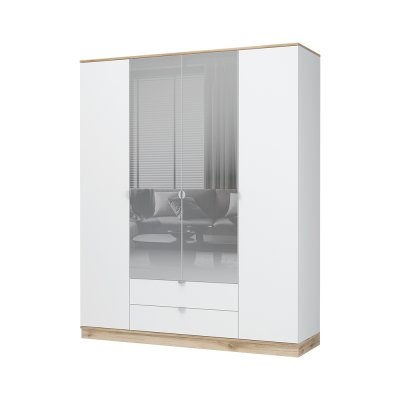 Шкаф 4х створчатый с зеркалом ЮККИ  БЕЛЫЙ/ДУБ ДЕЛАНО